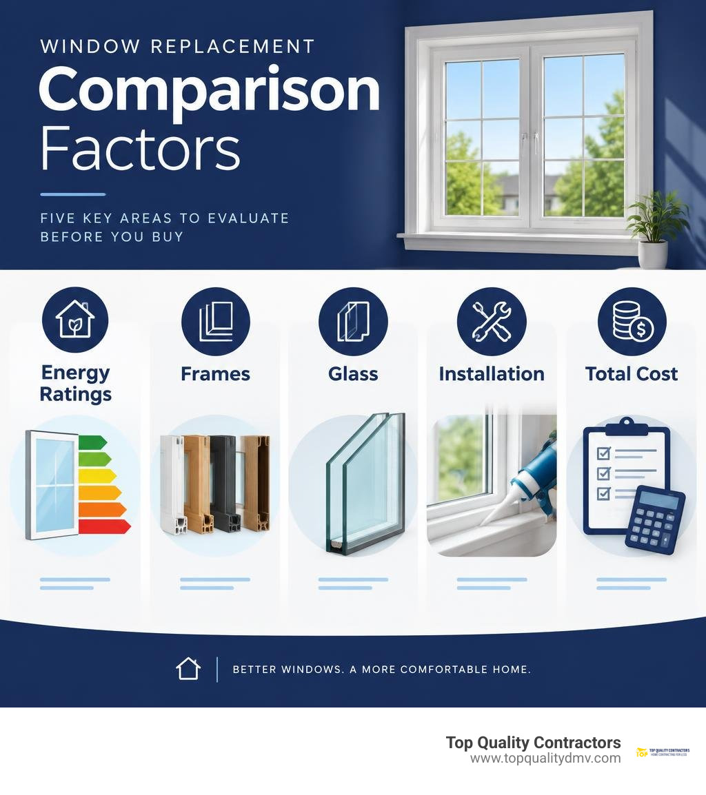Window replacement comparison factors: energy ratings, frames, glass, installation, and total cost infographic Window replacement comparison factors: energy ratings, frames, glass, installation, and total cost infographic