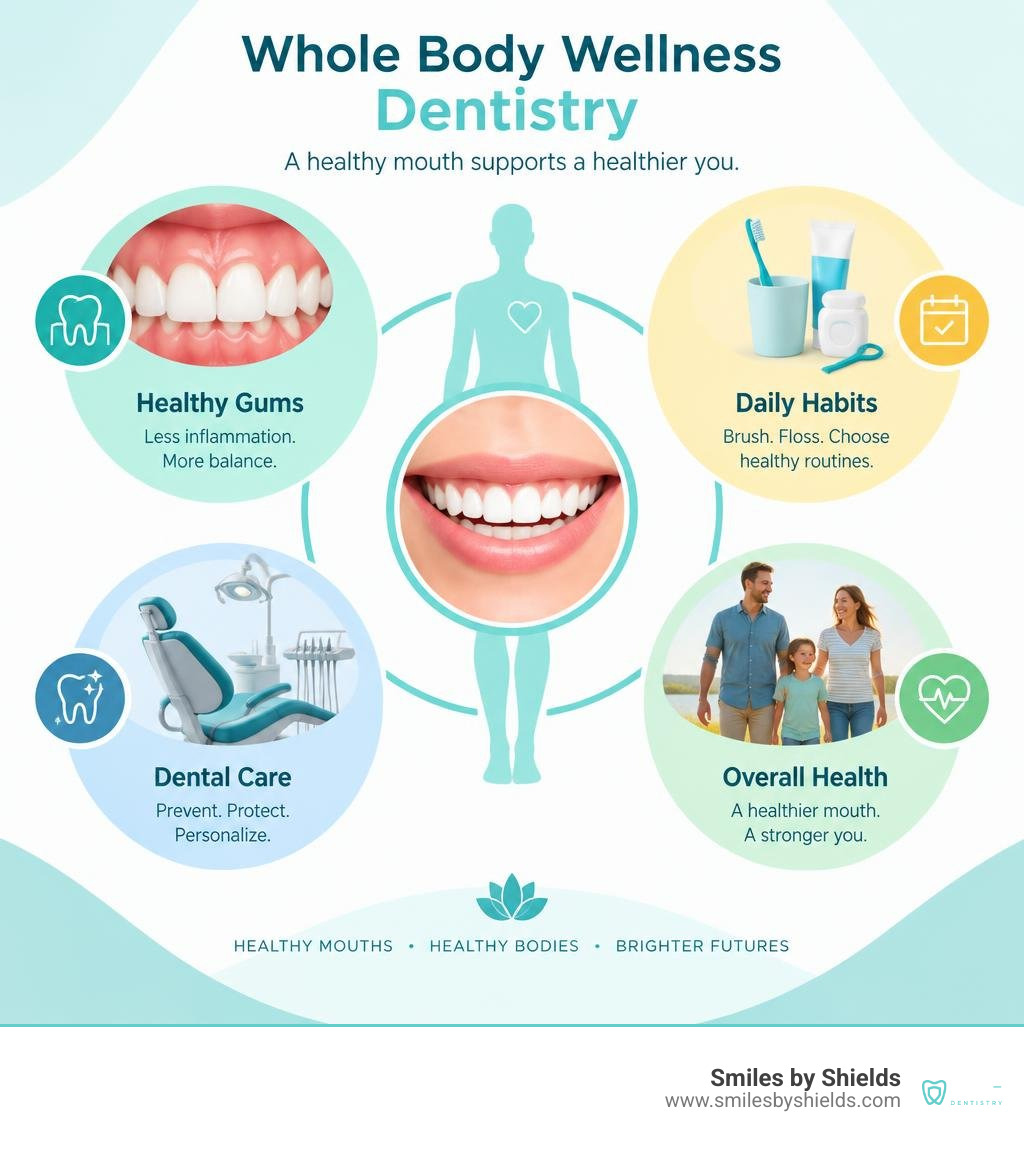 Infographic showing mouth-body wellness: gums, daily habits, dental care, and overall health infographic