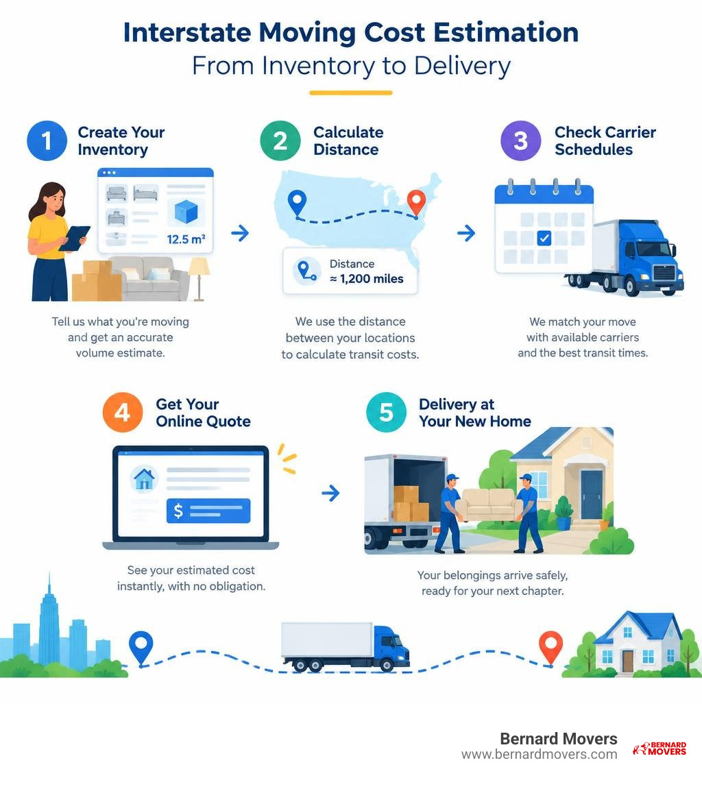 Step-by-step interstate moving cost estimation process from inventory to delivery infographic Step-by-step interstate moving cost estimation process from inventory to delivery infographic