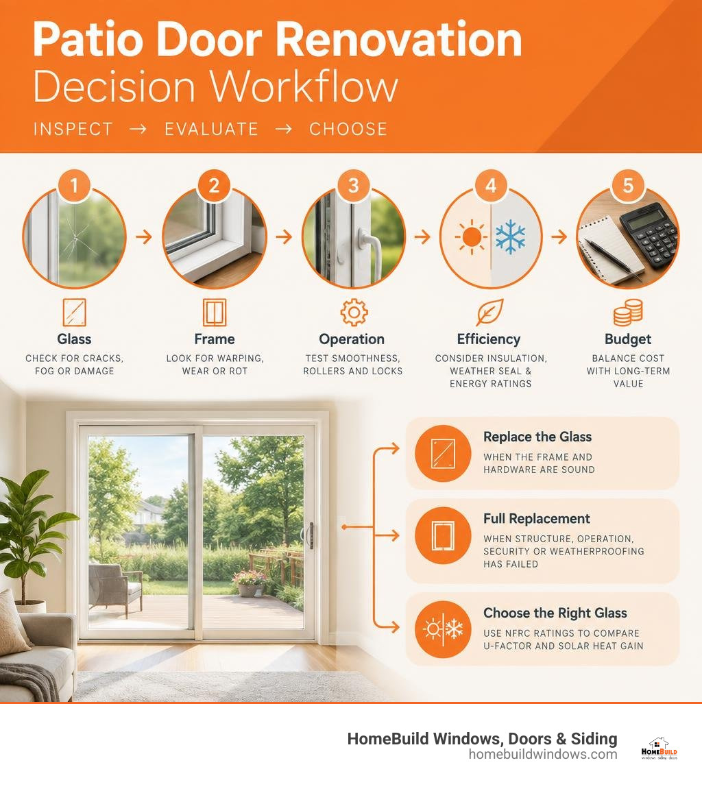 Patio door renovation decision workflow: inspect glass, frame, operation, efficiency, and performance infographic