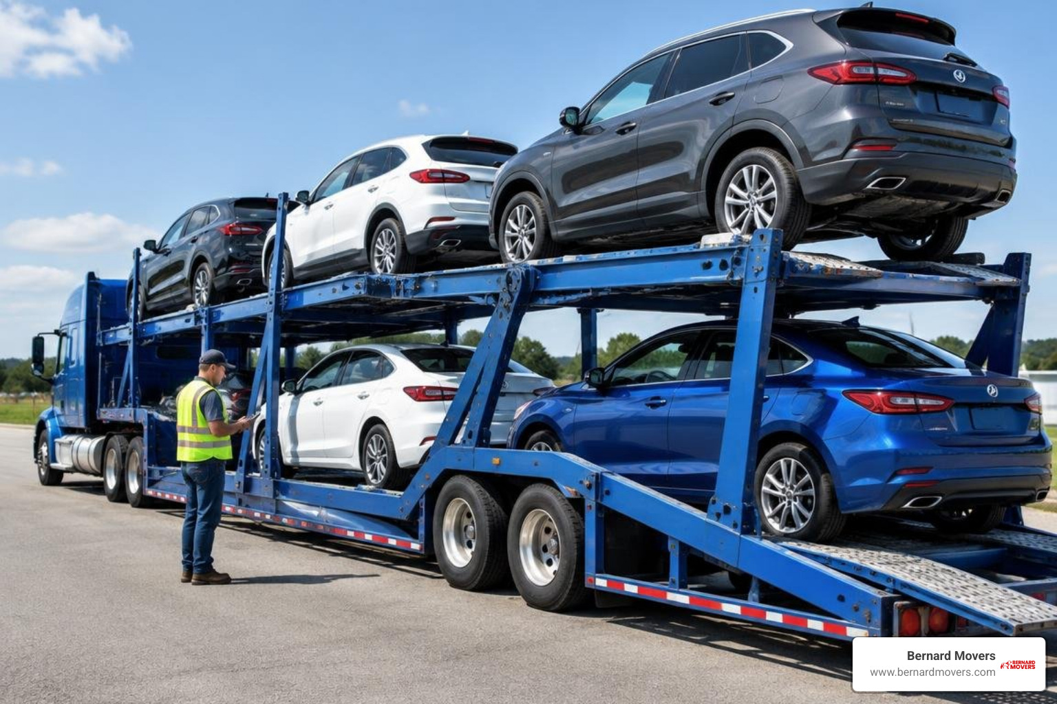 Multi-vehicle transport carrier loading cars for interstate transport Multi-vehicle transport carrier loading cars for interstate transport