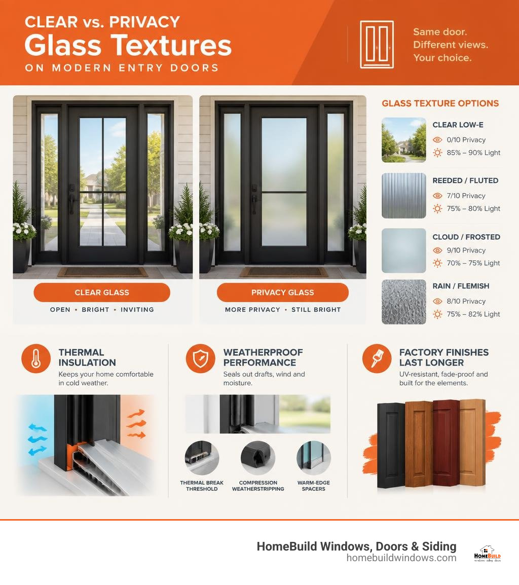 Comparison of clear vs privacy glass textures on modern entry doors infographic