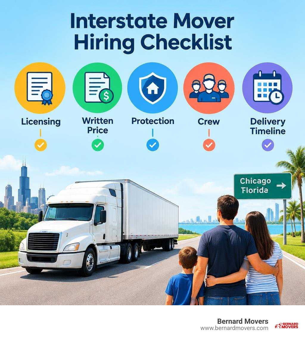 Interstate mover hiring checklist: licensing, written price, protection, crew, delivery timeline infographic Interstate mover hiring checklist: licensing, written price, protection, crew, delivery timeline infographic