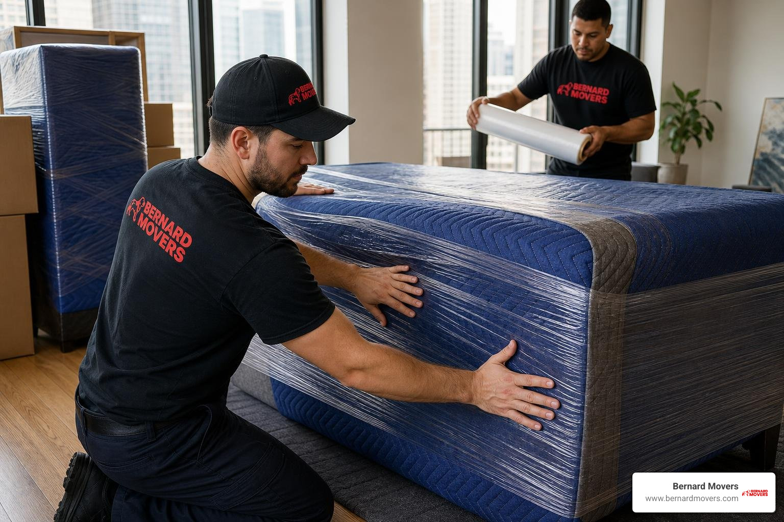 moving crew securing furniture with heavy-duty moving pads and stretch wrap moving crew securing furniture with heavy-duty moving pads and stretch wrap