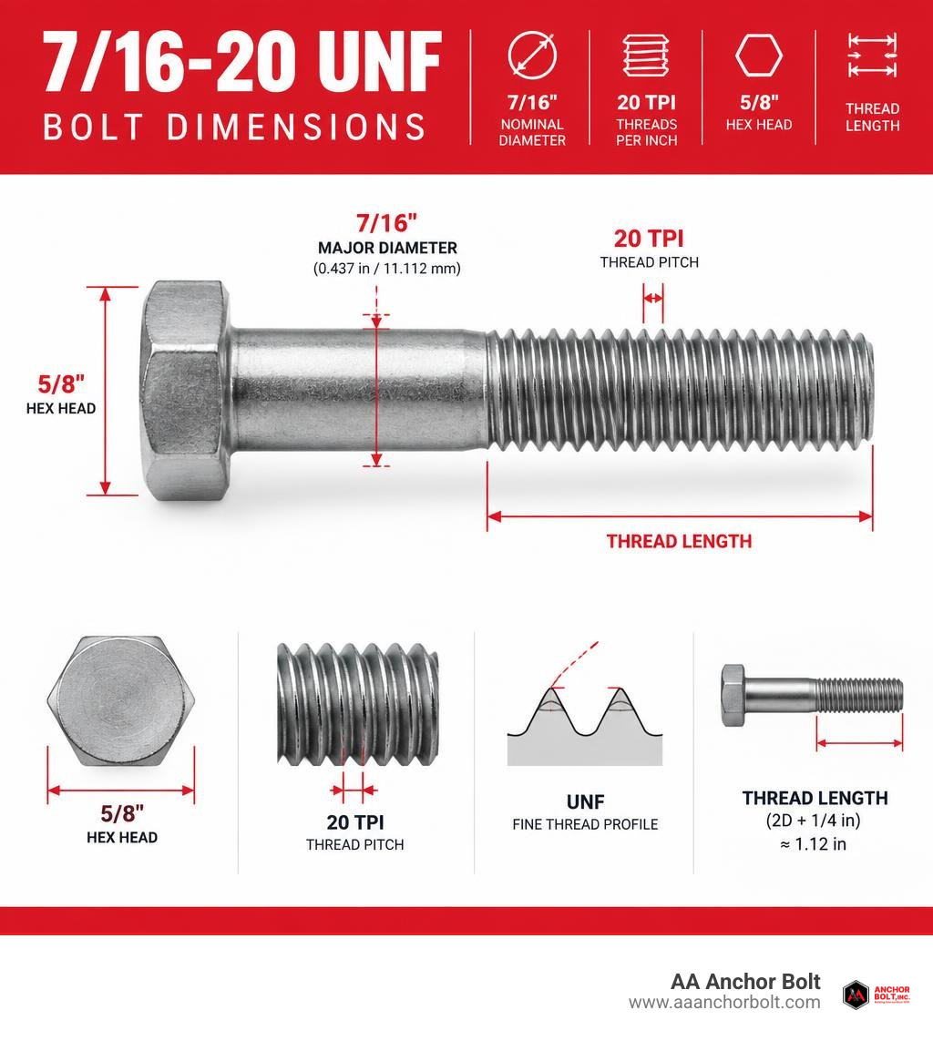 7 16 20 UNF bolt dimensions, 20 TPI thread, 5/8 inch hex head, and thread length infographic