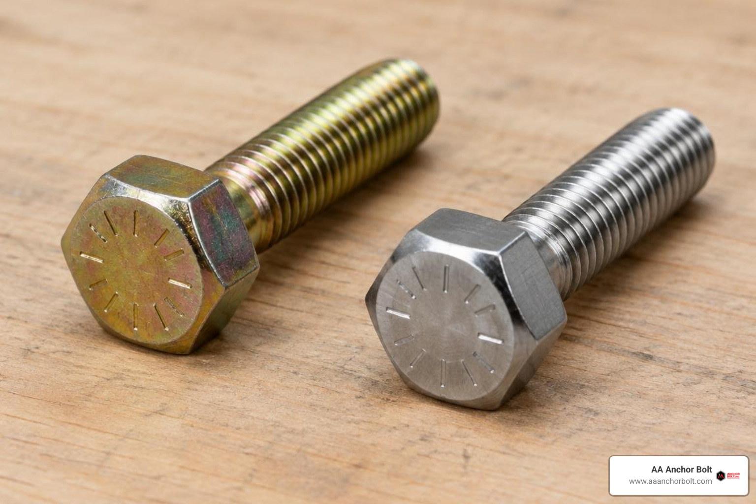 Comparison of Grade 8 yellow zinc and stainless steel hex fasteners