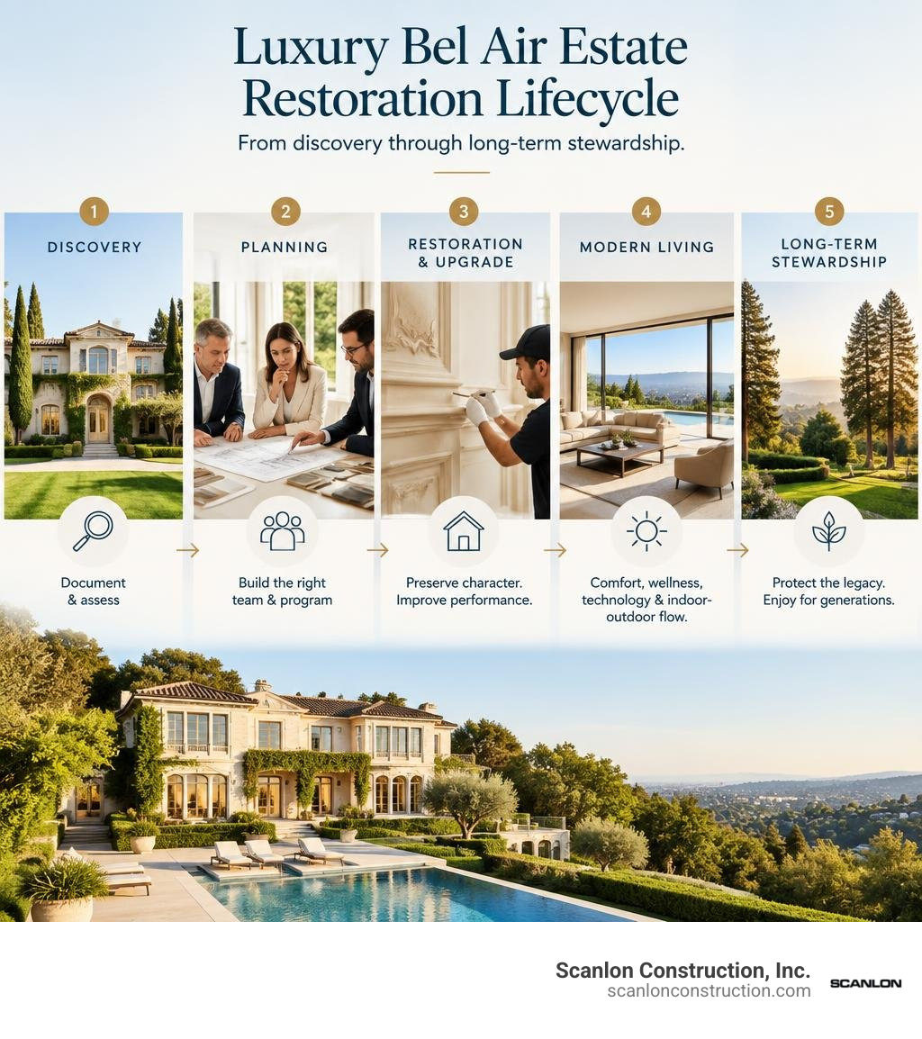 Luxury Bel Air estate restoration lifecycle from discovery through long-term stewardship infographic Luxury Bel Air estate restoration lifecycle from discovery through long-term stewardship infographic