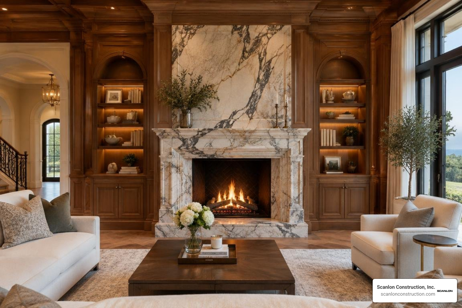Artisan custom marble slab fireplace and handcrafted millwork Artisan custom marble slab fireplace and handcrafted millwork