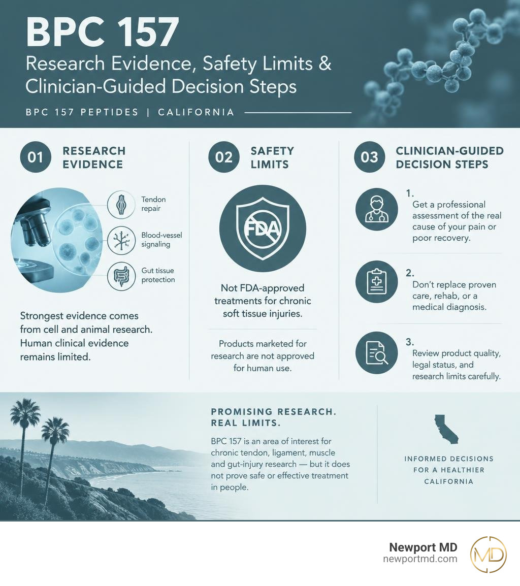 BPC 157 research evidence, safety limits, and clinician-guided decision steps infographic