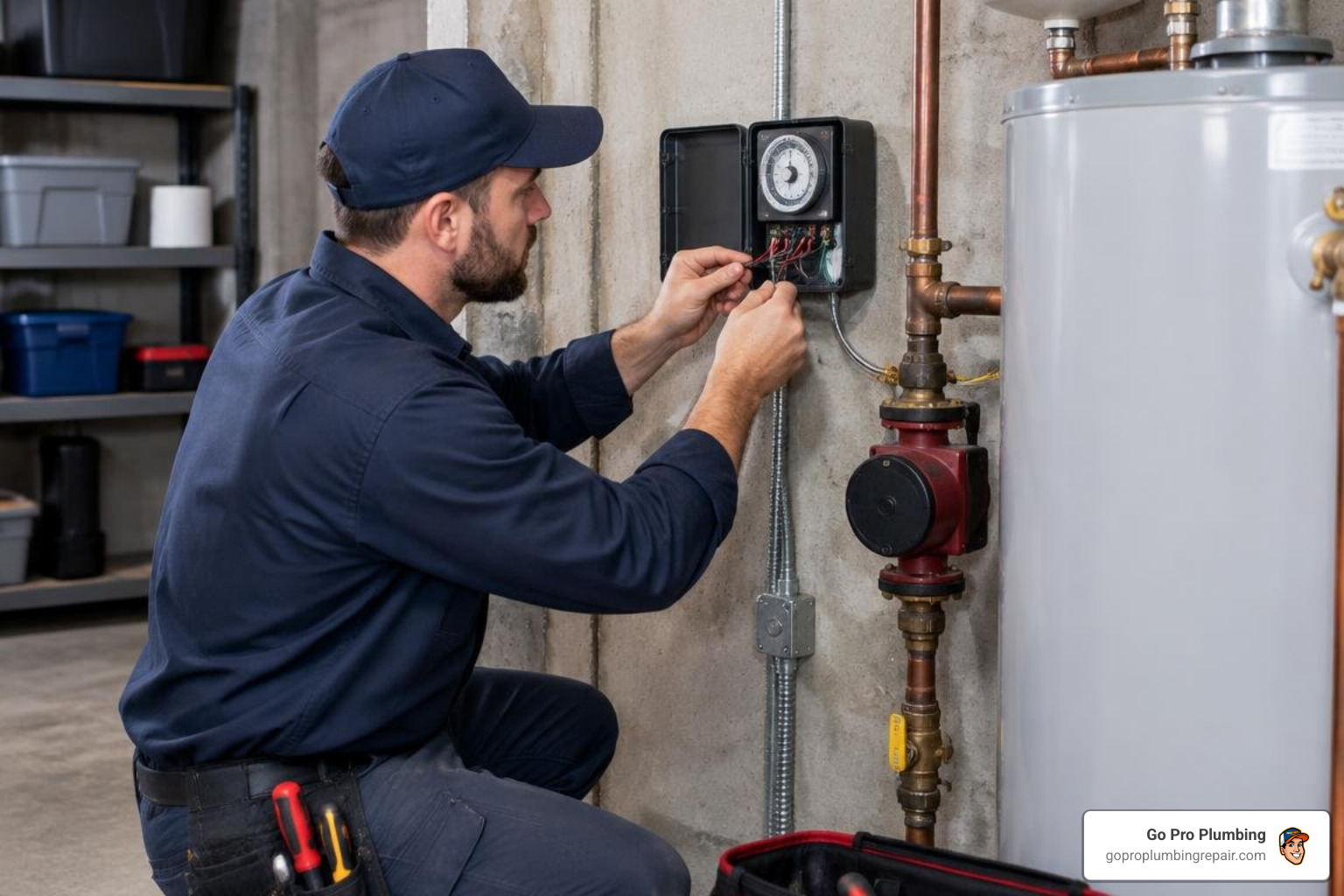 technician mounting and wiring a circulation pump timer next to a water heater