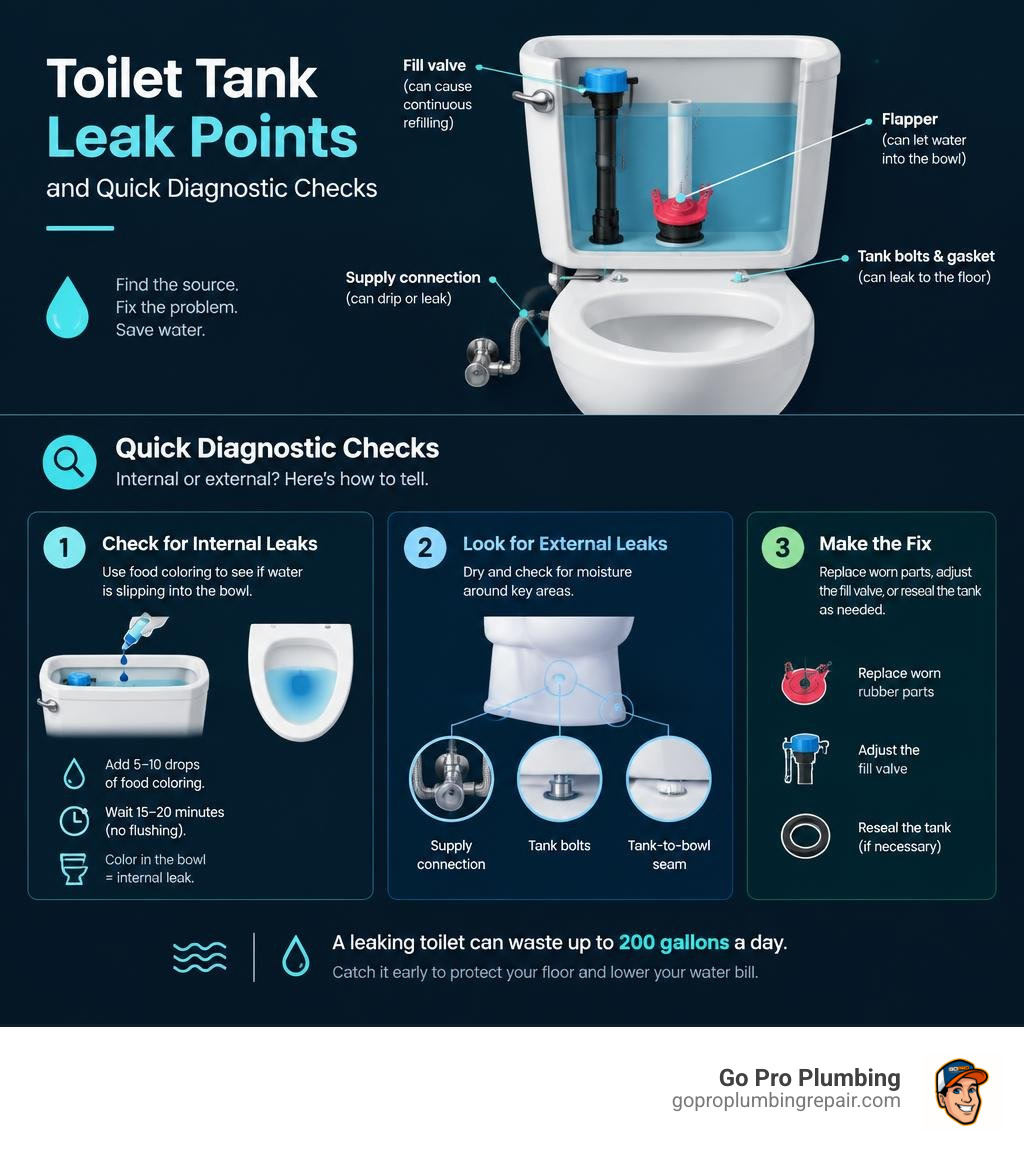 Toilet tank leak points and quick diagnostic checks infographic Toilet tank leak points and quick diagnostic checks infographic