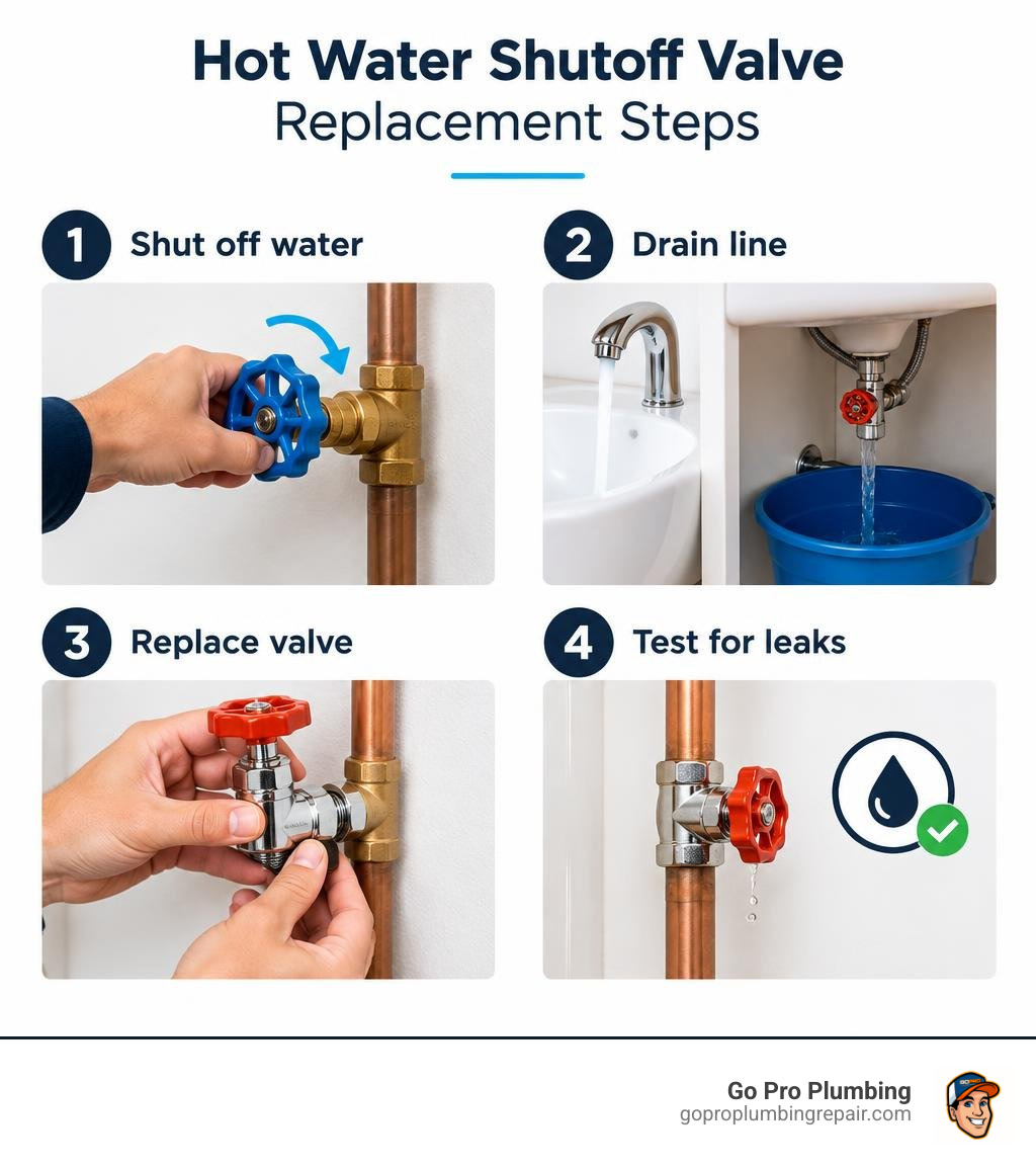 Hot water shutoff valve replacement steps: shut off water, drain line, replace valve, test for leaks infographic
