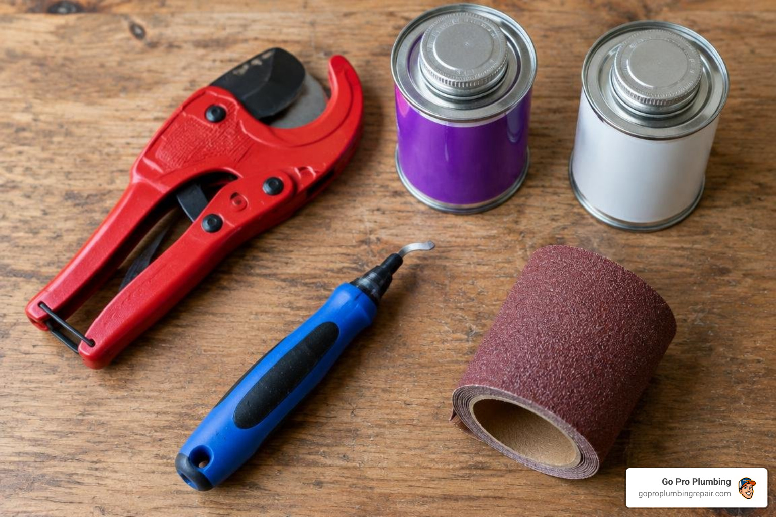 PVC repair tools including cutters, deburring tool, primer, and cement
