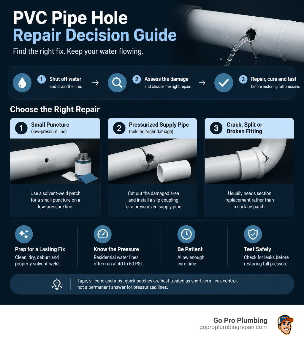 PVC pipe hole repair decision guide infographic