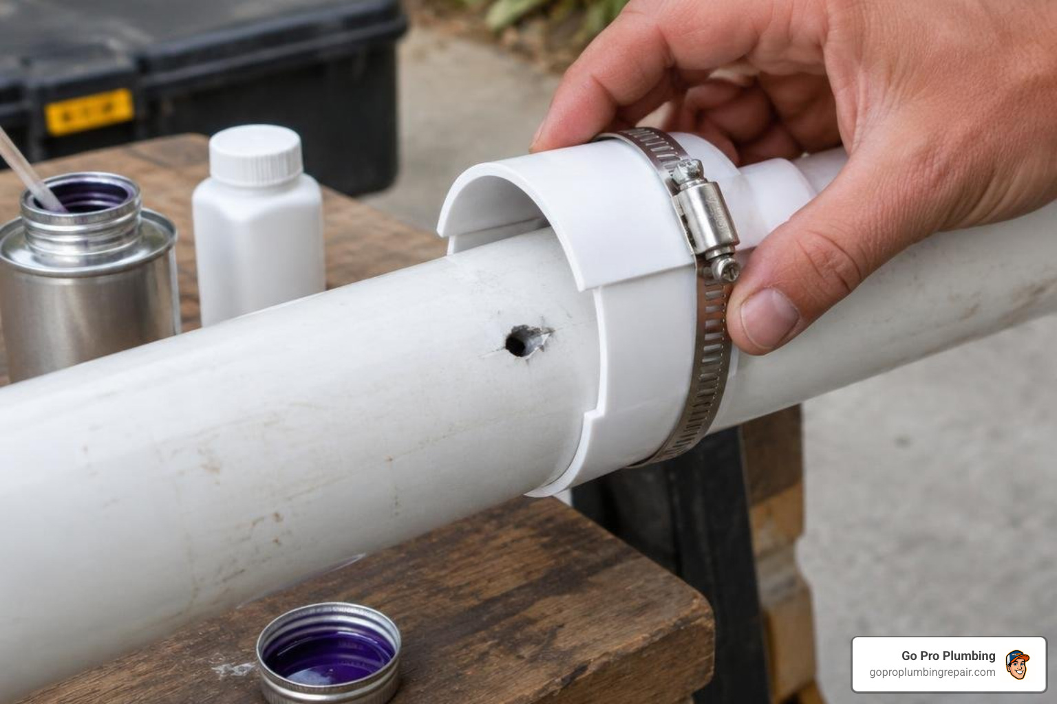 C-shaped PVC snap-on patch being installed over a pipe puncture