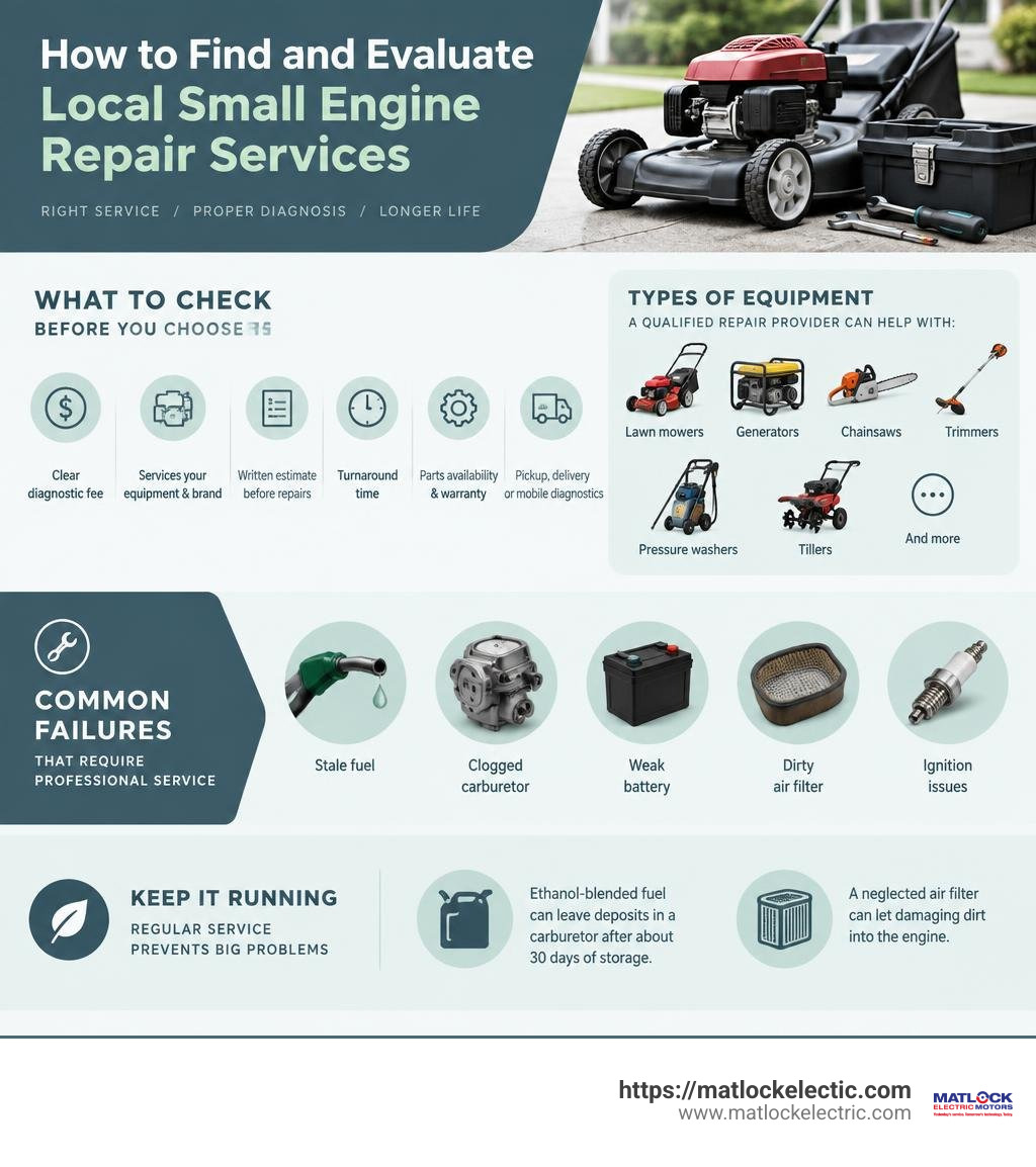 How to find and evaluate local small engine repair services infographic