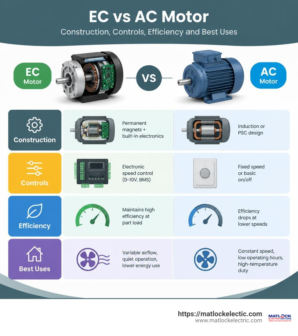 EC vs AC motor comparison: construction, controls, efficiency, and best uses infographic