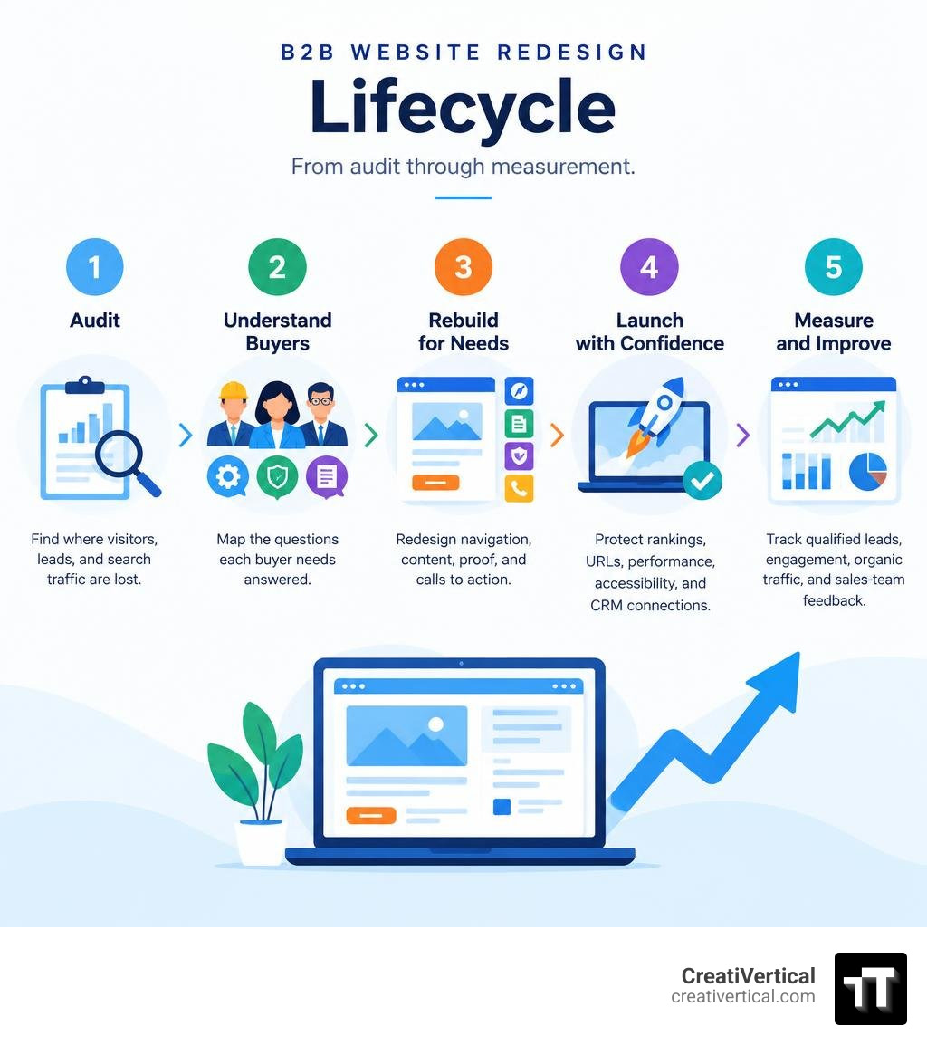 B2B website redesign lifecycle from audit through measurement infographic