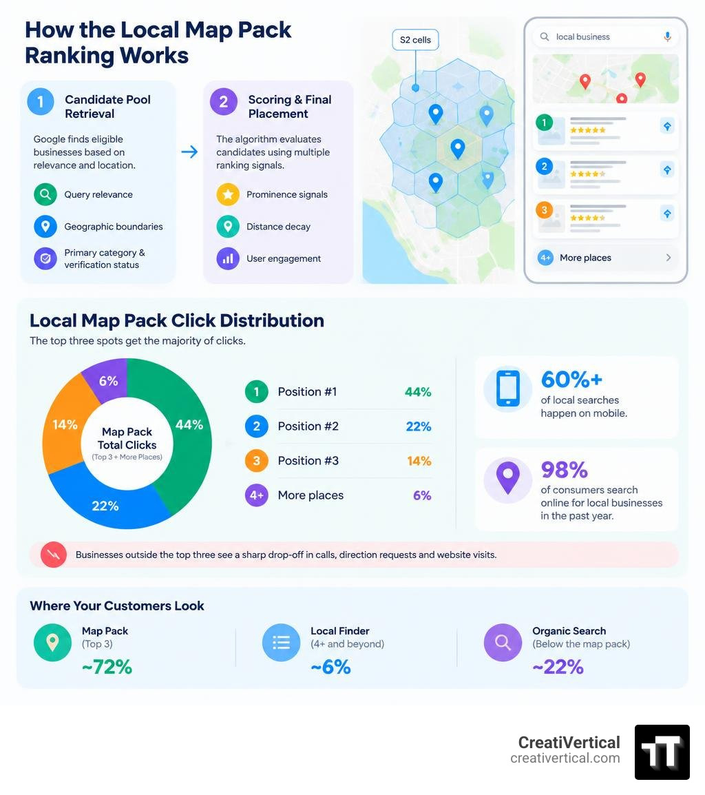 Local map pack click distribution by rank position infographic