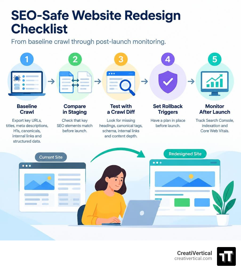 SEO-safe website redesign checklist from baseline crawl through post-launch monitoring infographic SEO-safe website redesign checklist from baseline crawl through post-launch monitoring infographic