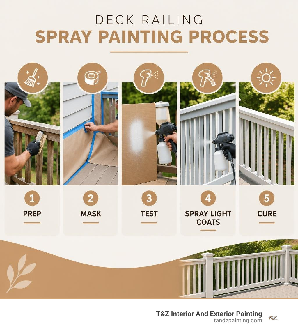 Deck railing spray painting process: prep, mask, test, spray light coats, cure infographic