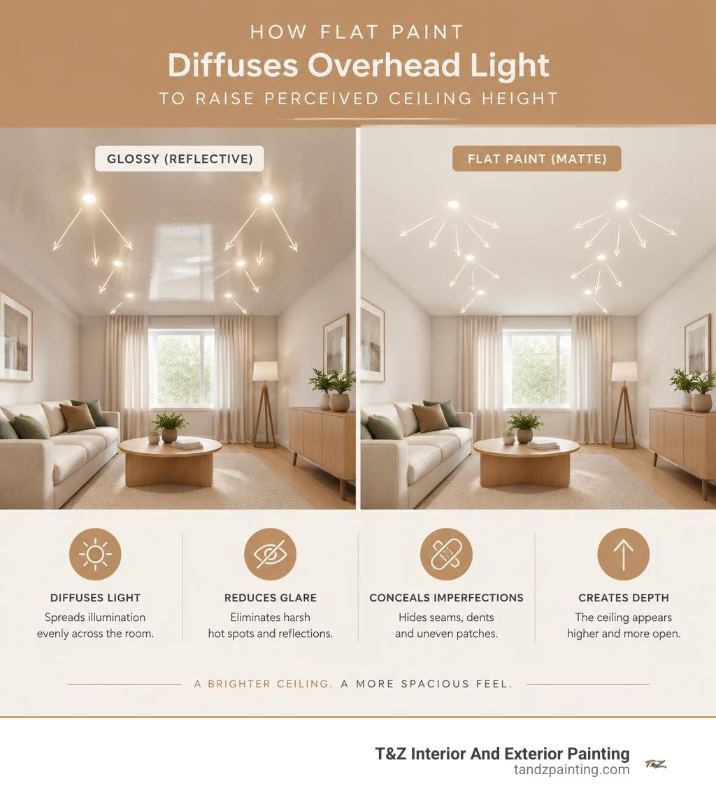 How flat paint diffuses overhead light to raise perceived ceiling height infographic
