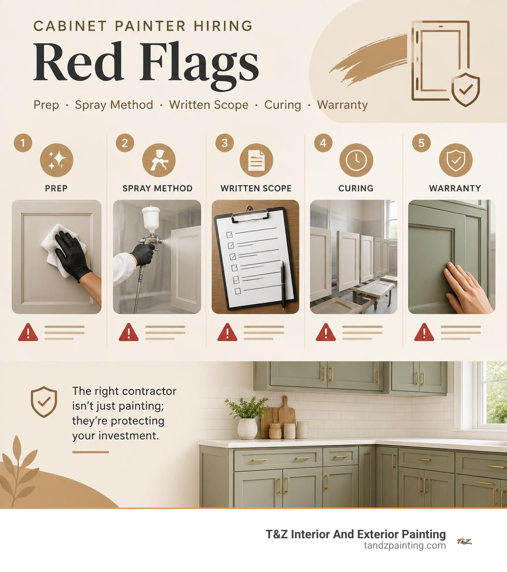 Cabinet painter hiring red flags: prep, spray method, written scope, curing, warranty infographic Cabinet painter hiring red flags: prep, spray method, written scope, curing, warranty infographic