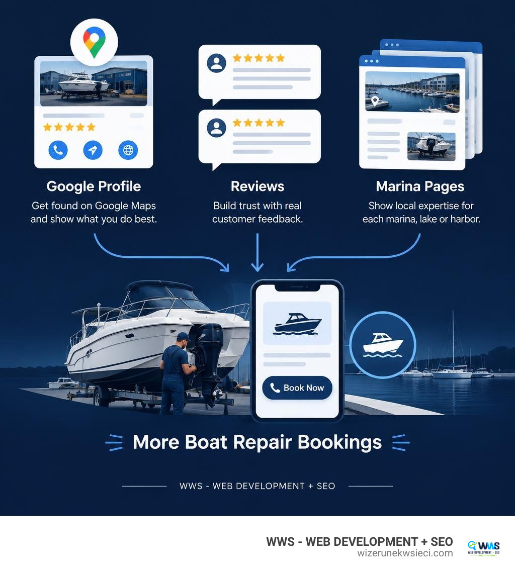 Infographic showing Google profile reviews citations and marina pages driving boat repair bookings infographic