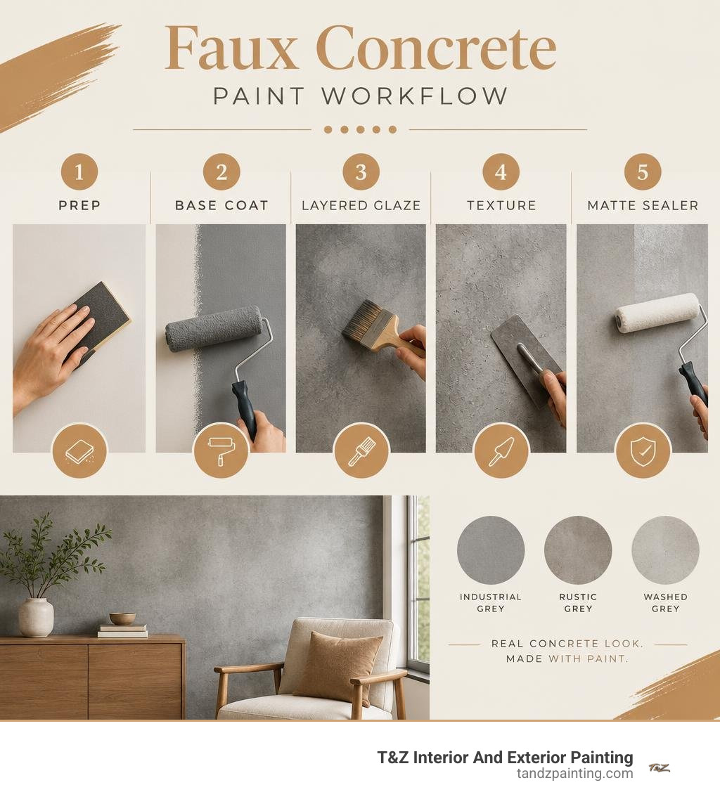 Faux concrete paint workflow: prep, base coat, layered glaze, texture, and matte sealer infographic Faux concrete paint workflow: prep, base coat, layered glaze, texture, and matte sealer infographic