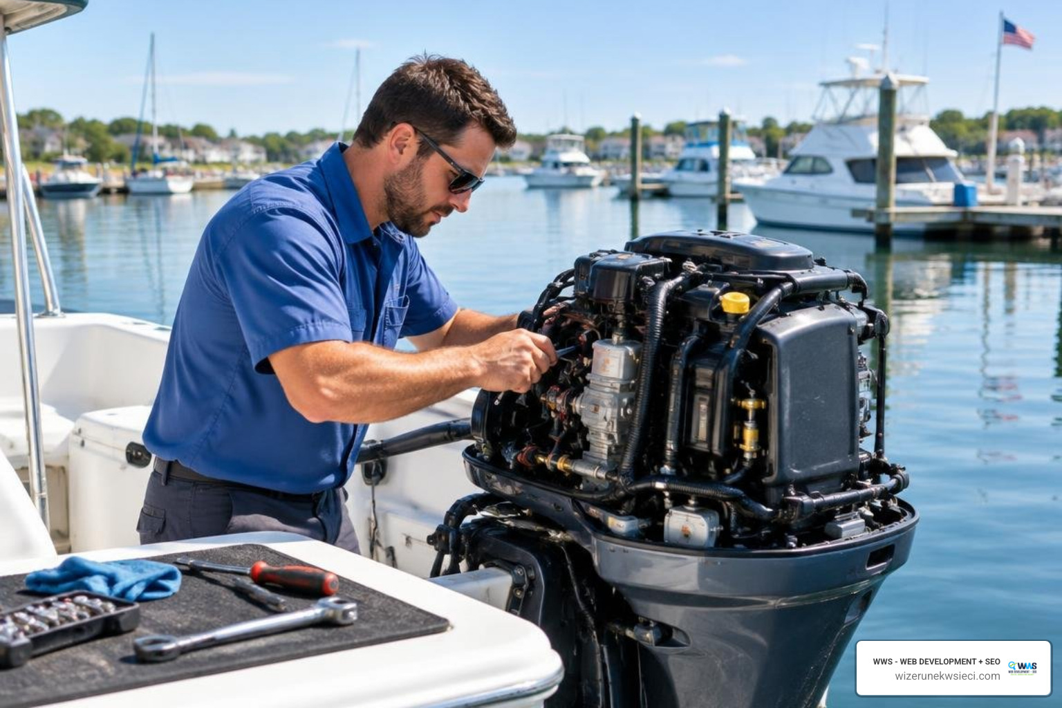 Marine mechanic repairing boat engine dockside at a harbor slip