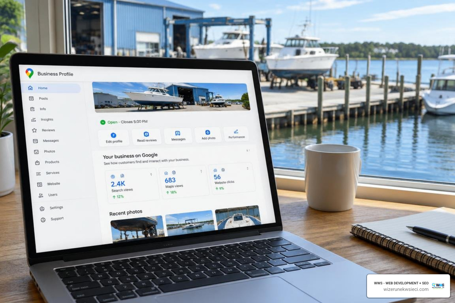 Google Business Profile dashboard configured for a certified marine service company