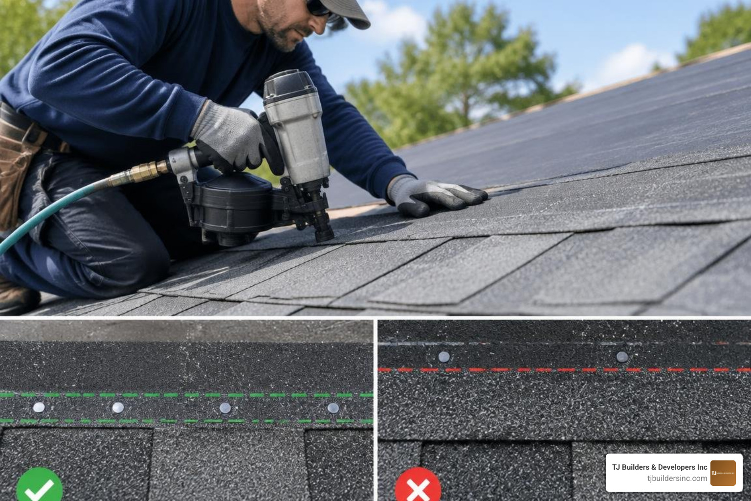 Proper nailing zones and fastener placement on architectural shingles