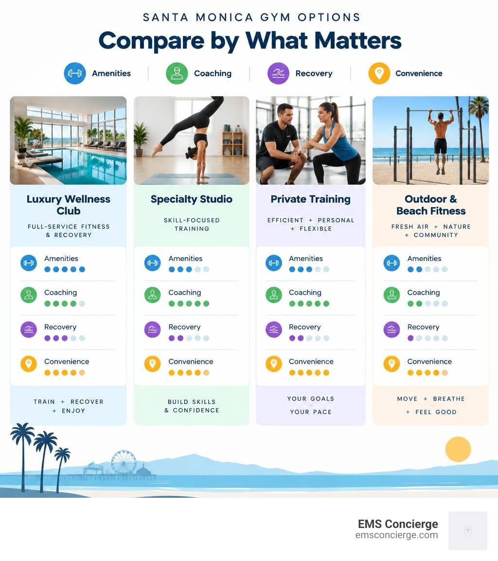 Comparison of Santa Monica gym options by amenities coaching recovery and convenience infographic