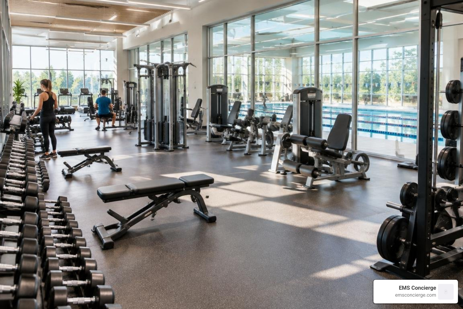 Expansive fitness club weight floor and lap pool