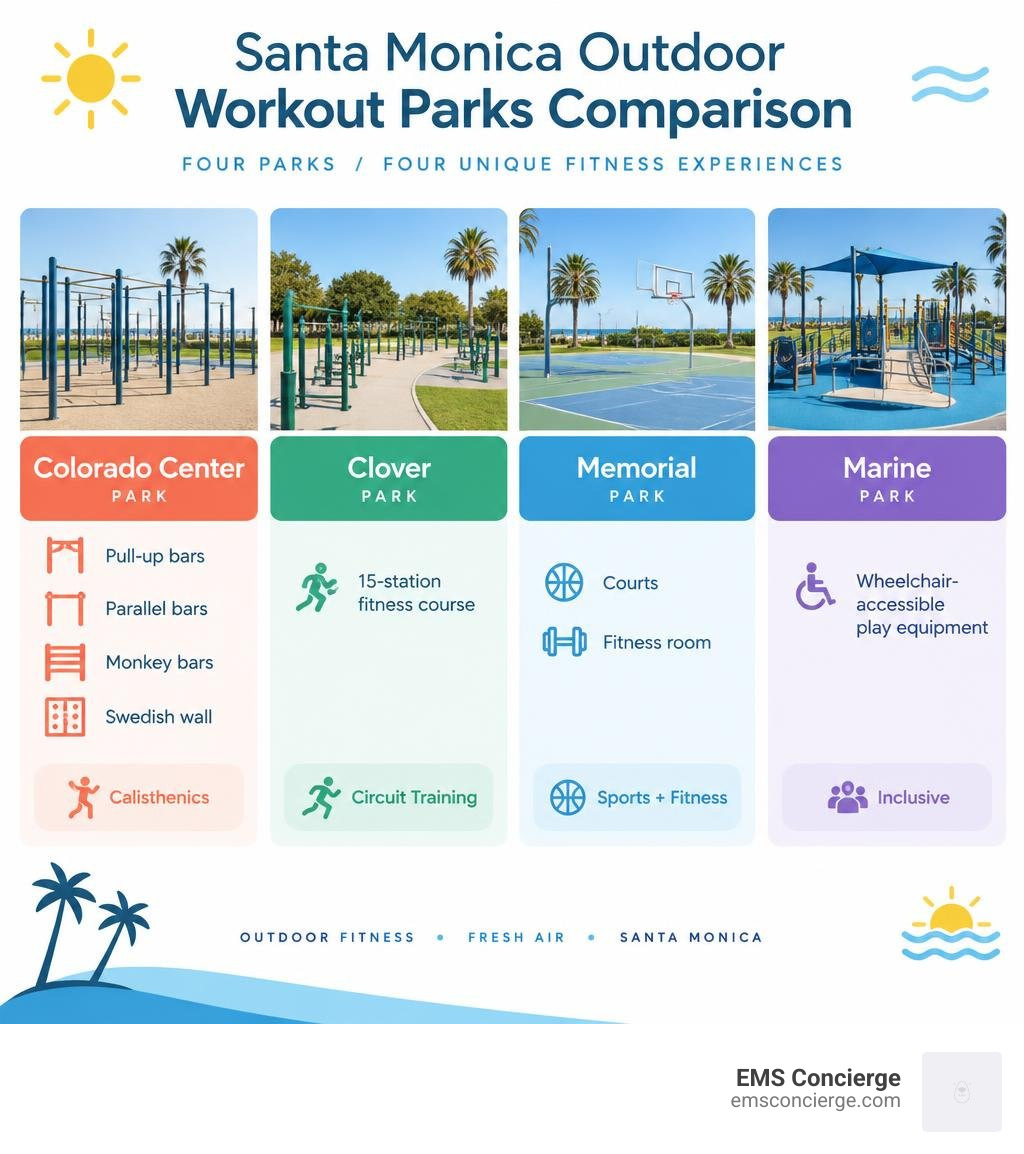 Santa Monica outdoor workout parks comparison: Colorado Center, Clover, Memorial, Marine infographic