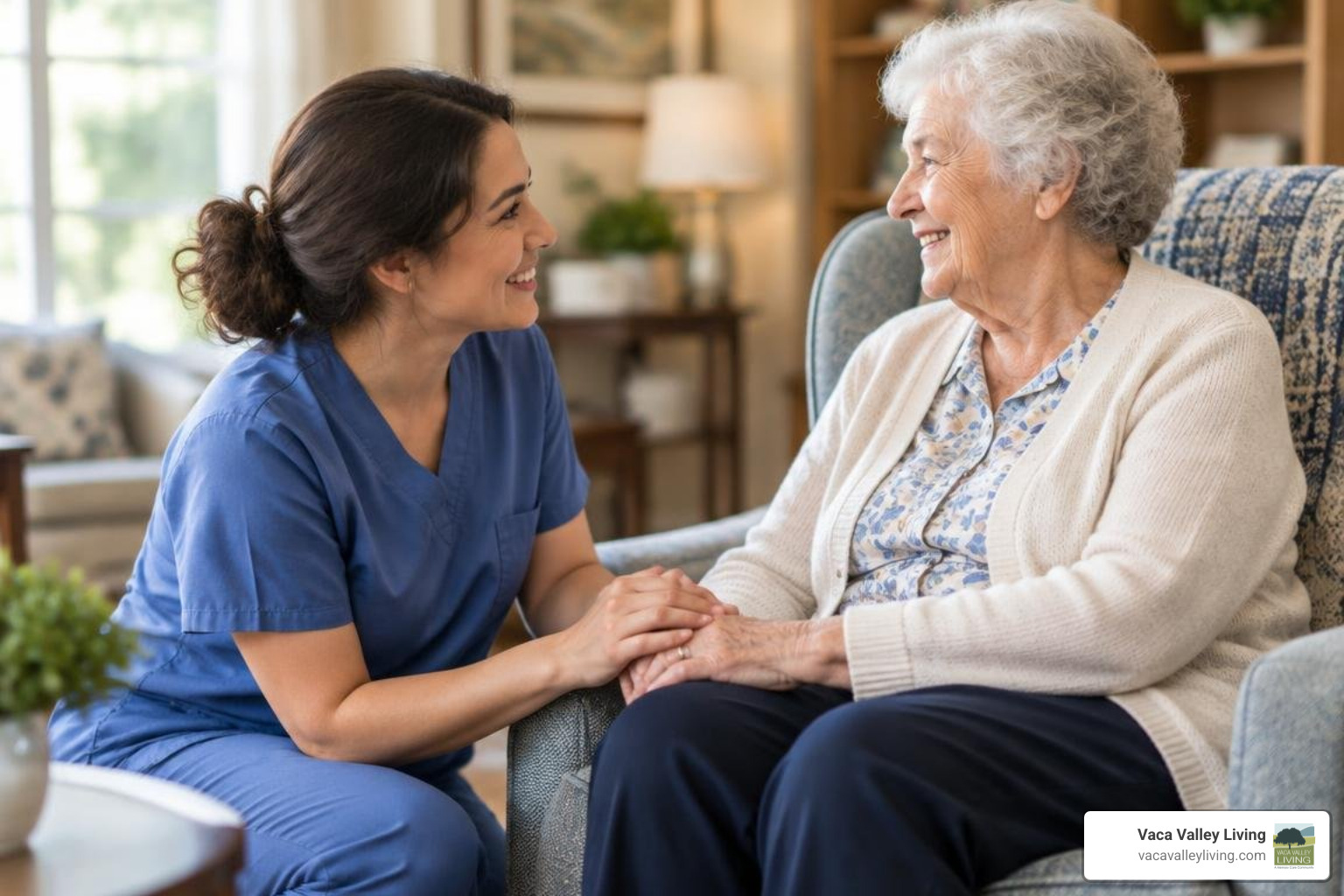 Memory care staff assisting a resident with a warm smile Memory care staff assisting a resident with a warm smile