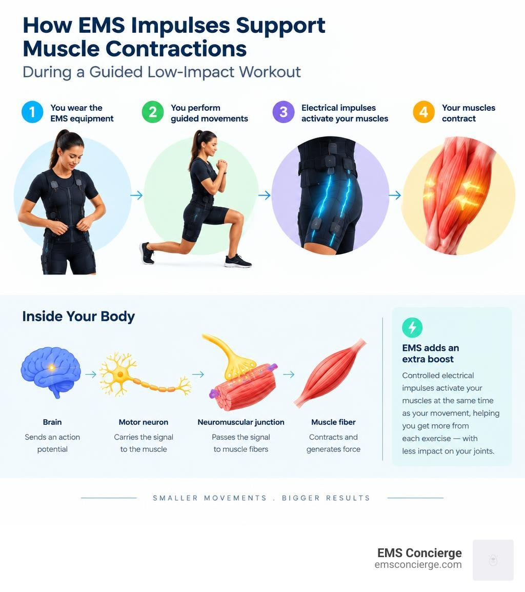 How EMS impulses support muscle contractions during a guided low-impact workout infographic