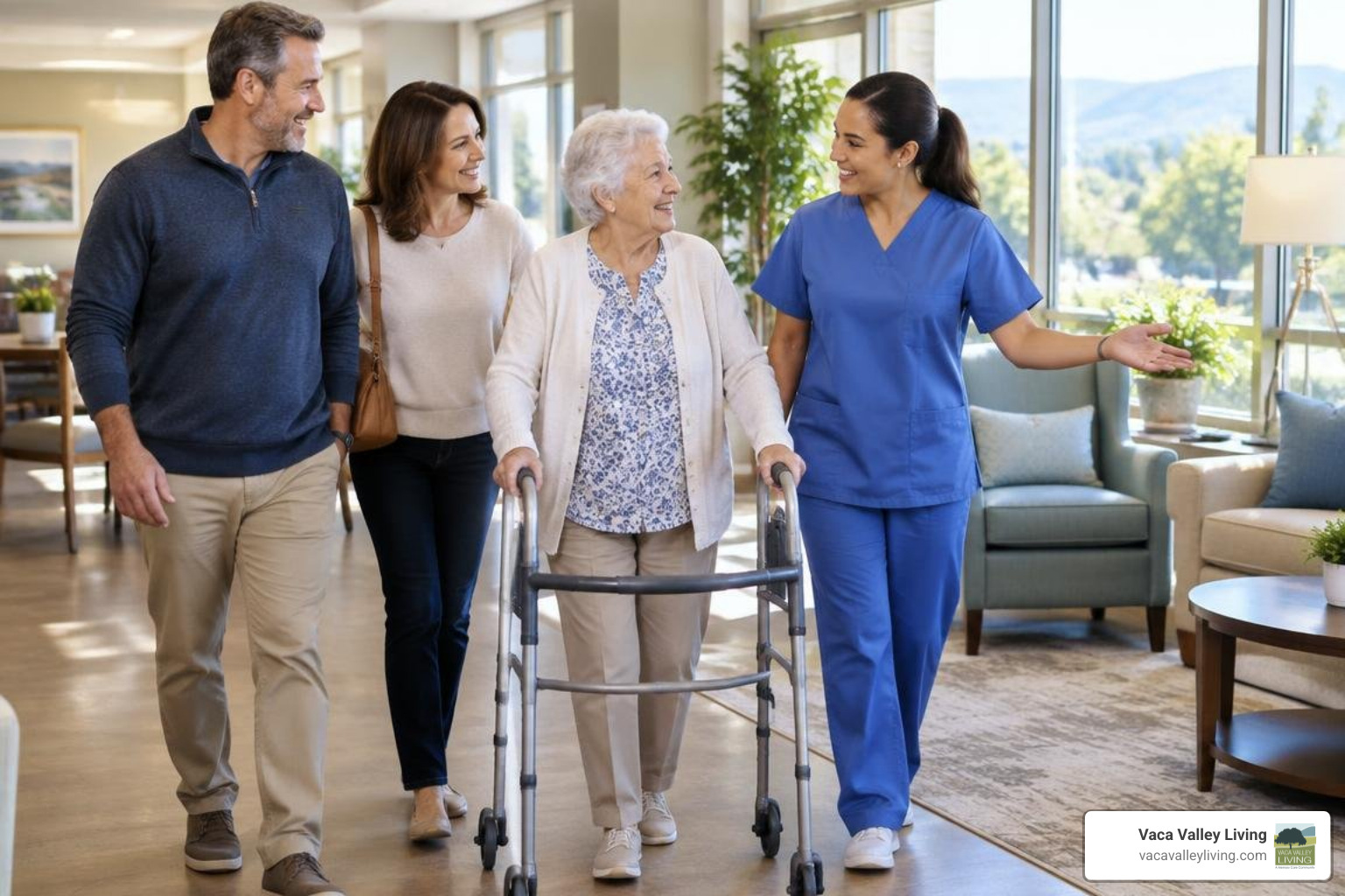 family touring a senior living residence in Vacaville with caregiver