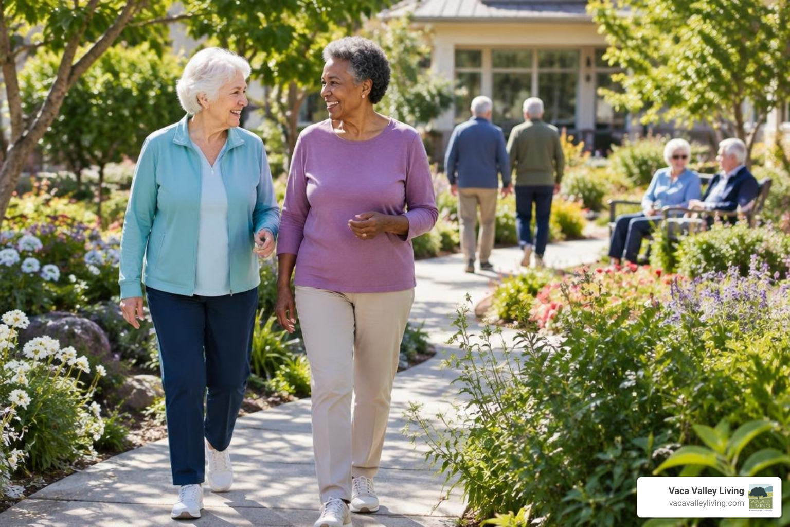 active seniors enjoying outdoor grounds and garden pathways in Vacaville