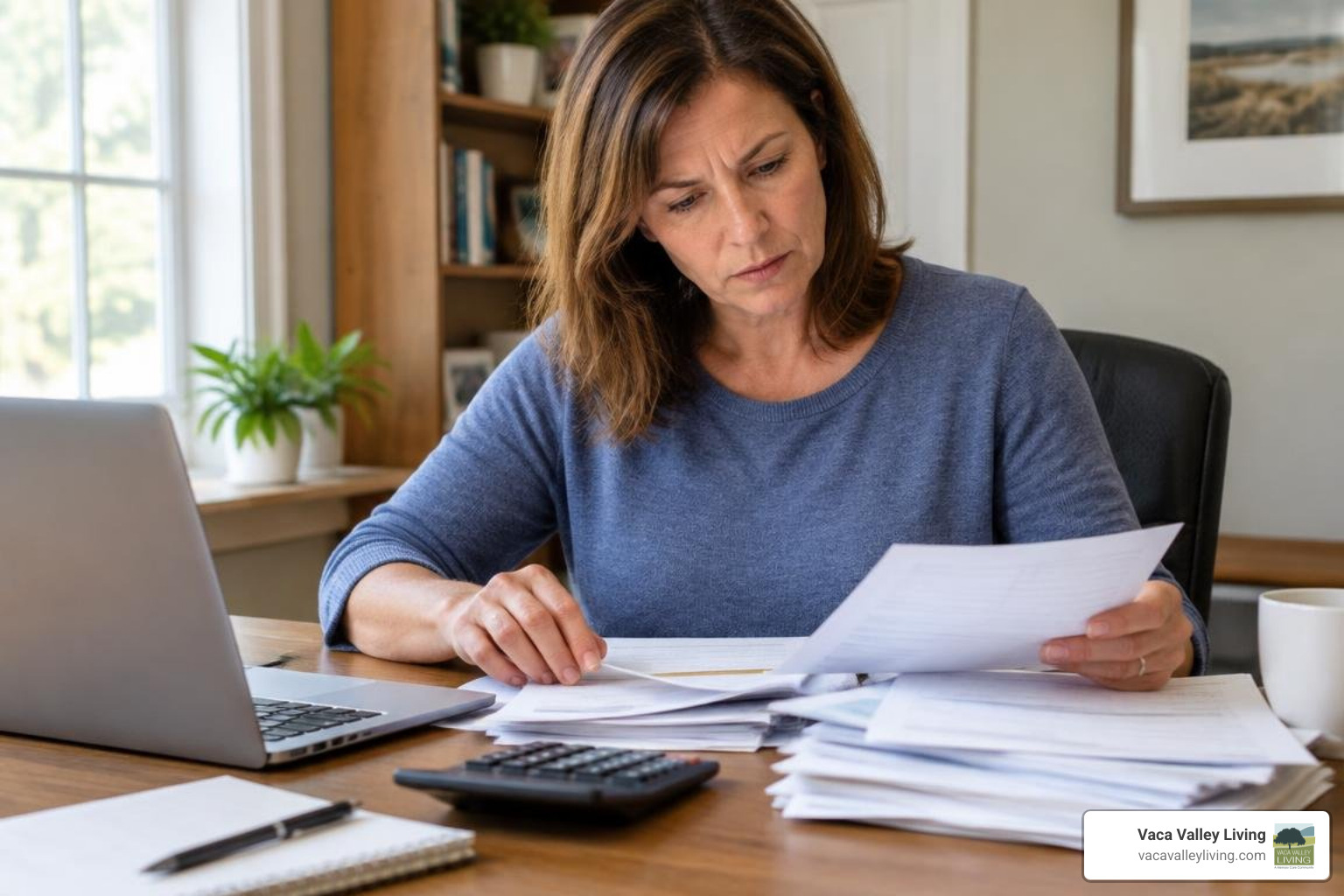 Caregiver managing financial and medical paperwork for early-onset dementia care