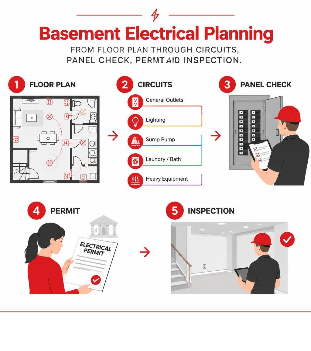 Basement electrical planning workflow from floor plan through circuits, panel check, permit, and inspection infographic Basement electrical planning workflow from floor plan through circuits, panel check, permit, and inspection infographic