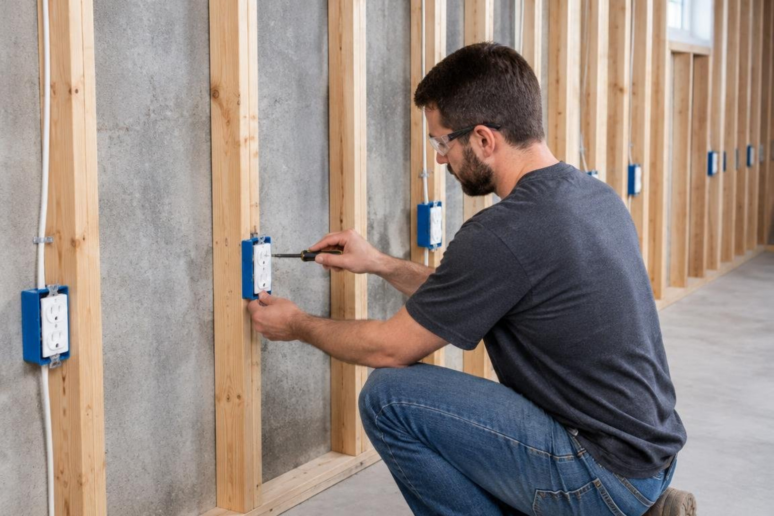 Proper outlet spacing along framed basement studs Proper outlet spacing along framed basement studs