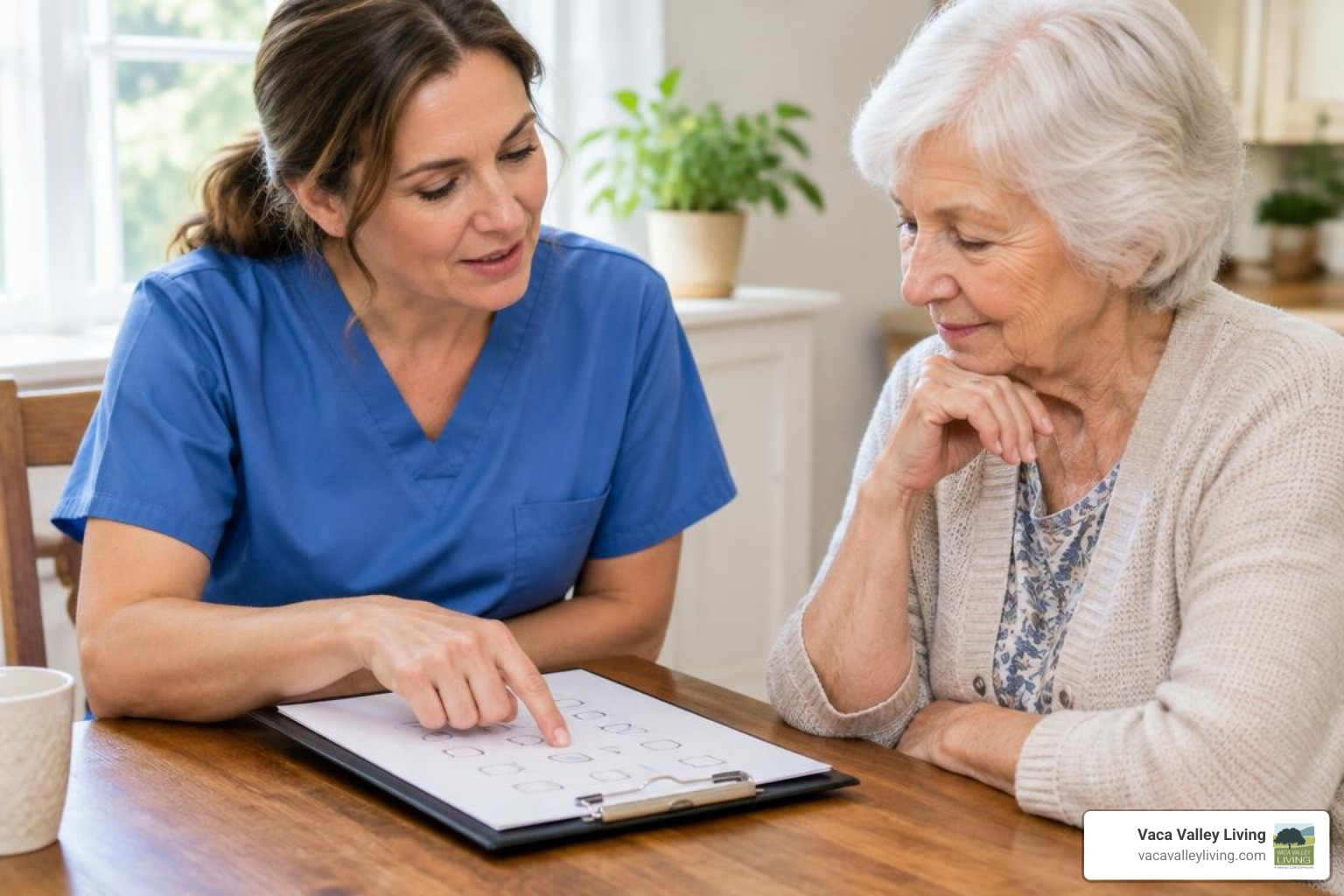 Caregiver evaluating a senior loved one's daily safety and cognitive needs Caregiver evaluating a senior loved one's daily safety and cognitive needs