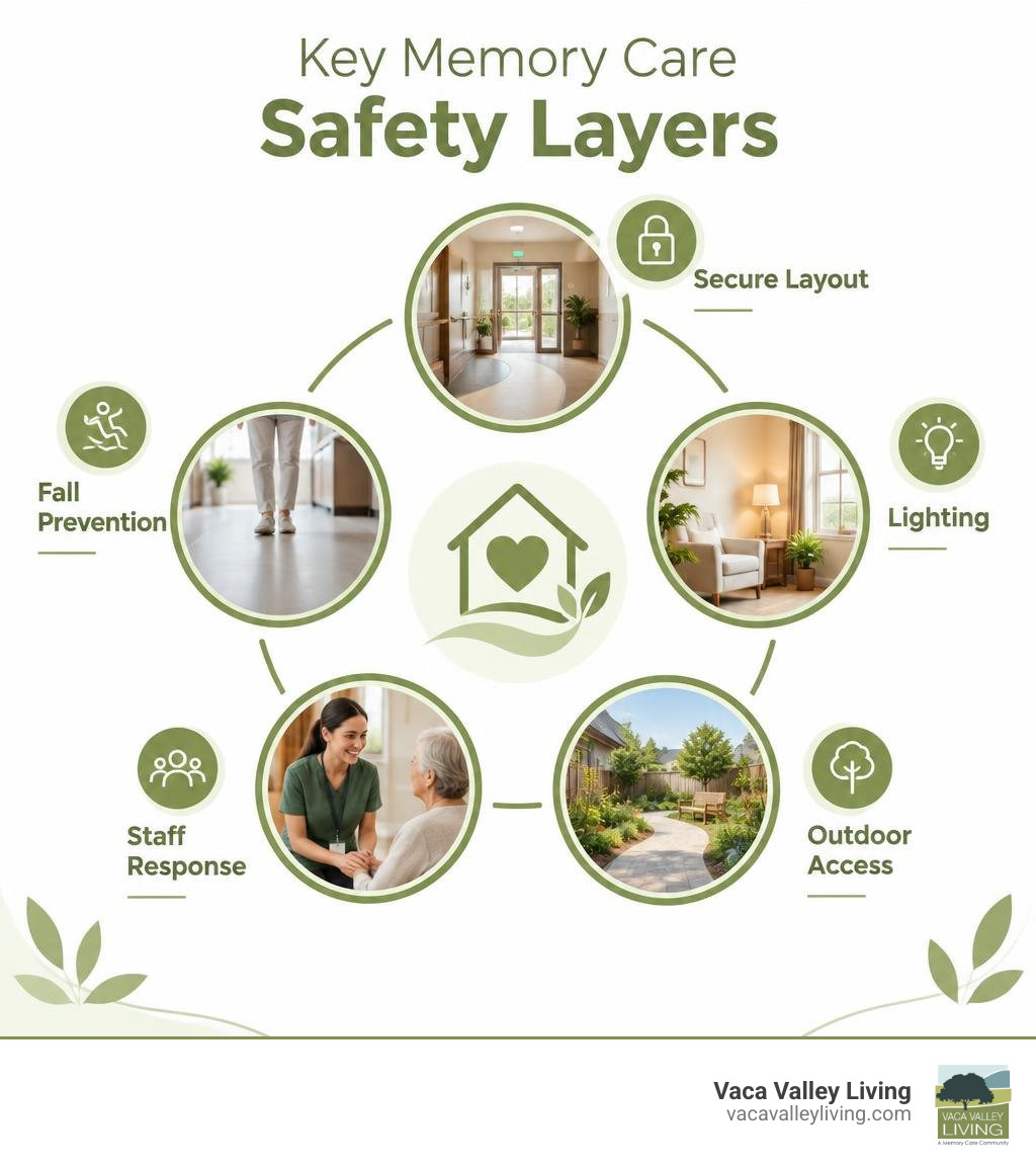 Key memory care safety layers: secure layout, fall prevention, lighting, staff response, and outdoor access infographic