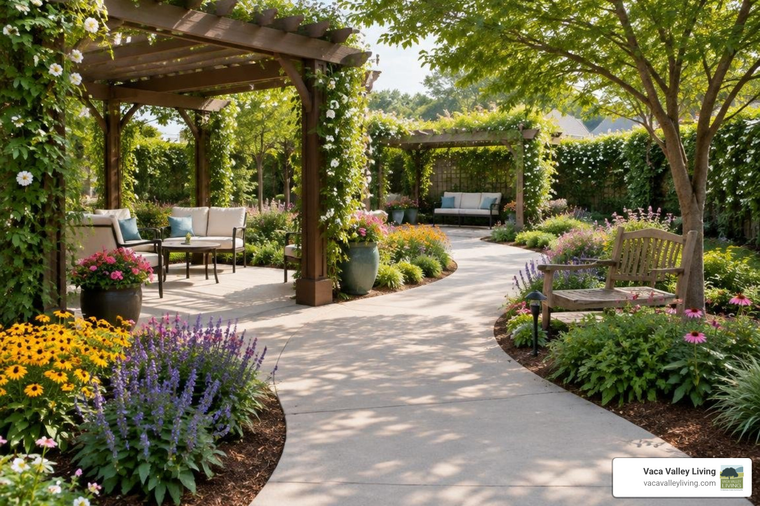 Enclosed memory care healing garden with wide walking paths and secure boundaries