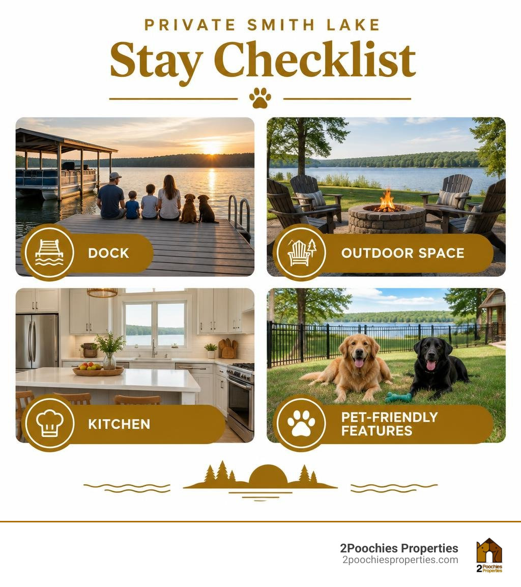 Private Smith Lake stay checklist: dock, outdoor space, kitchen, pet-friendly features infographic