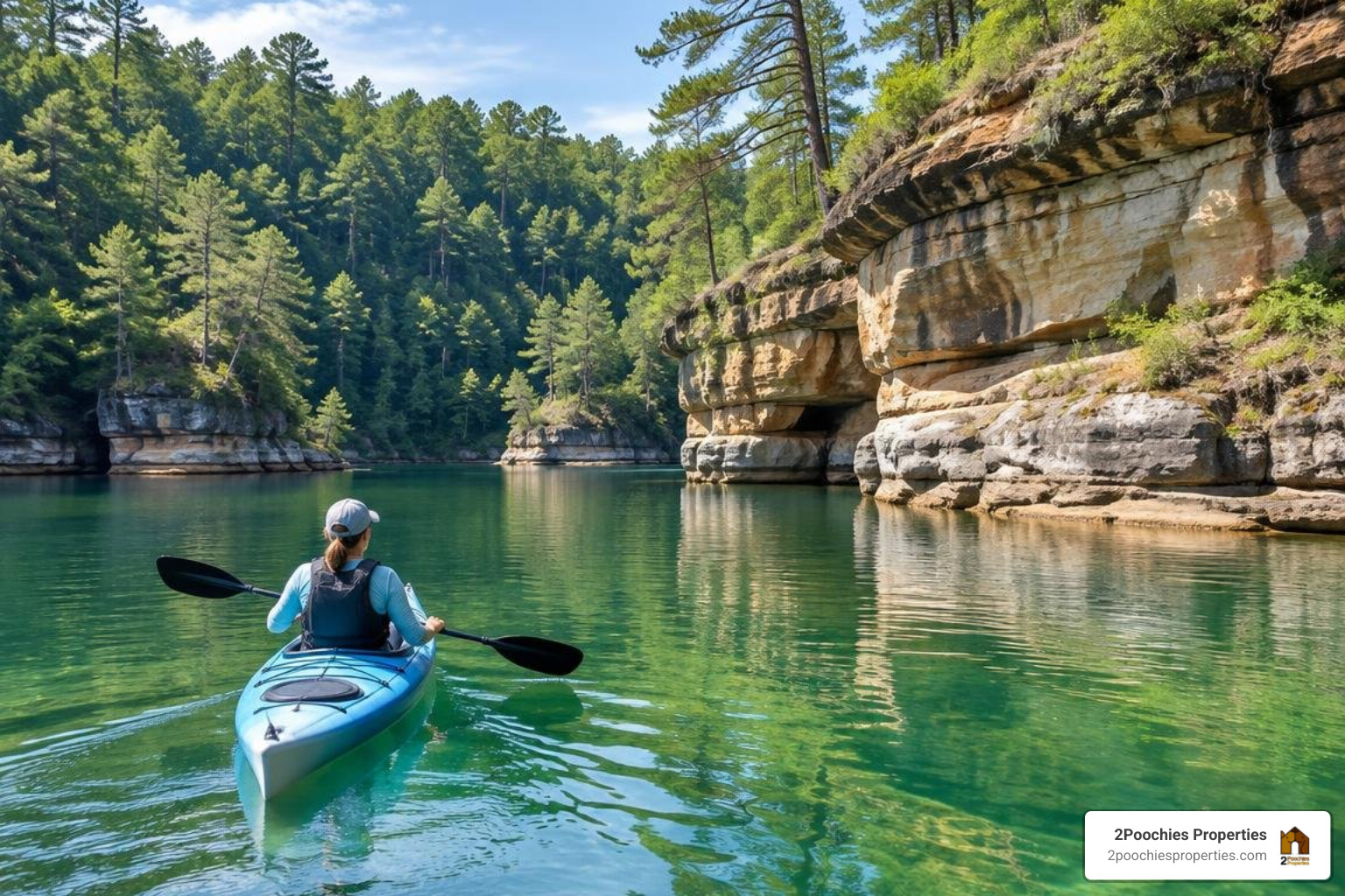 Kayaker exploring a calm, private emerald cove on Smith Lake