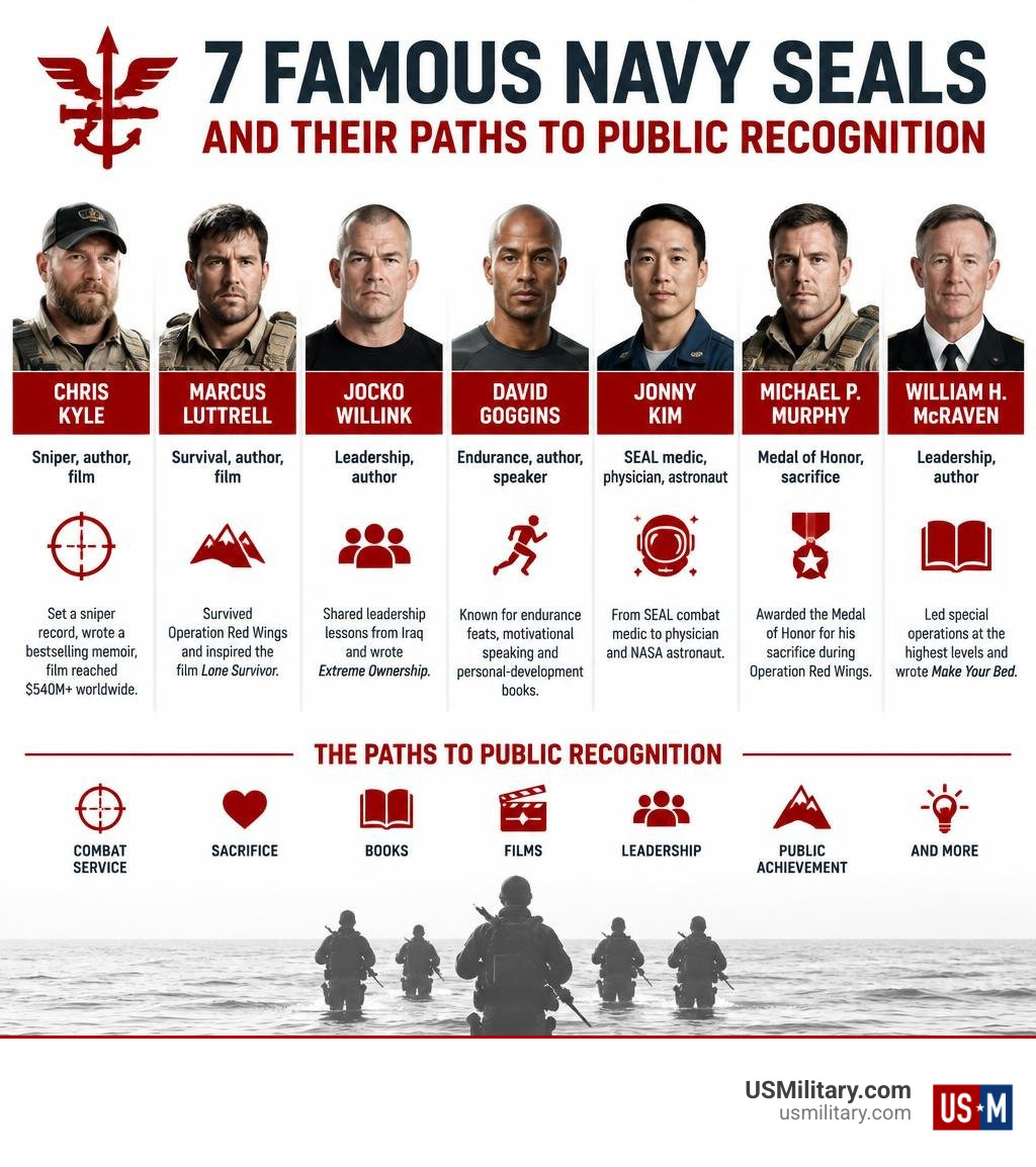 Infographic comparing seven famous Navy SEALs and paths to public recognition infographic Infographic comparing seven famous Navy SEALs and paths to public recognition infographic