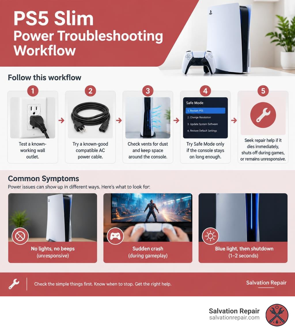 PS5 Slim power troubleshooting workflow infographic PS5 Slim power troubleshooting workflow infographic