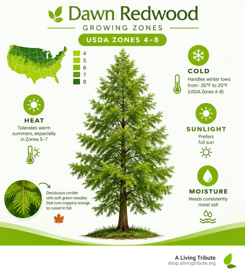 Dawn redwood USDA Zones 4-8 with cold, heat, sunlight, and moisture needs infographic
